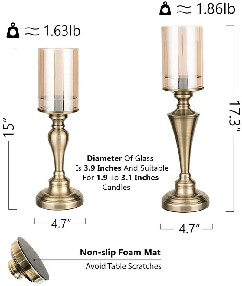 Hurricane Candle Holders for Pillar Candlesticks 2-Set - Stylish Dining Table Centerpiece Decor 4.7''x17.3. Ideal for 3'' Pillar Candles and LED Candles, Chrome Metal Base with Hurricane Glass Cover