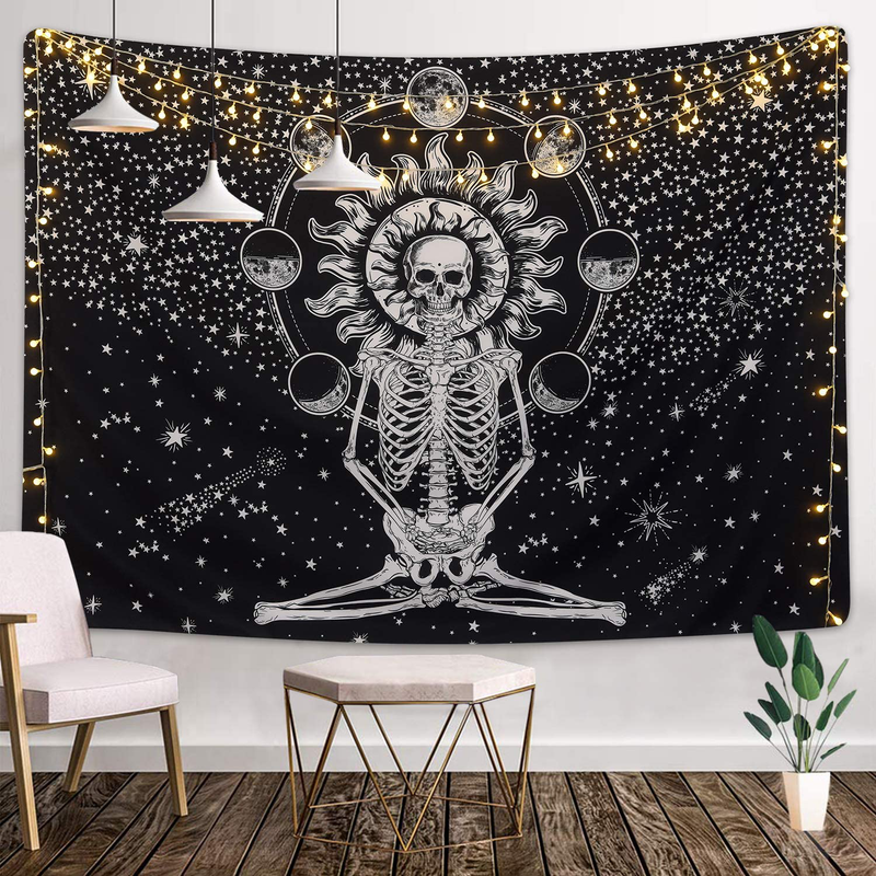 Skull Tapestry Meditation Skeleton Tapestry Chakra Tapestry Starry Tapestry Black and White Stars Tapestry for Room Home & Garden > Decor > Artwork > Decorative Tapestries Krelymics   