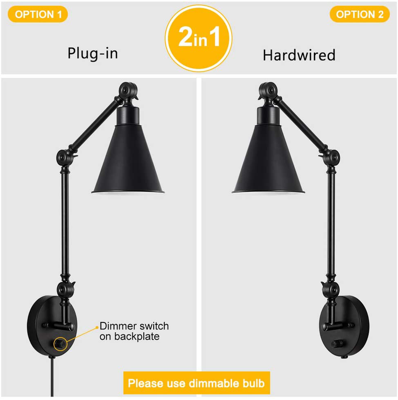 Swing Arm Wall Lamp, Dimmable Wall Sconce with On/Off Switch Industrial Wall Light Fixtures Set of 2 for Bedside Reading Living Room Lobby Hallway, Black Plug-In/Hardwire