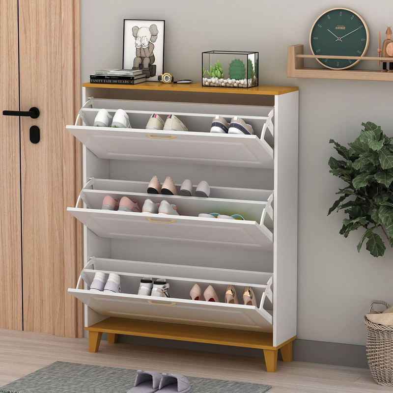 Didugo Modern Shoe Storage Cabinet with 3 Compartment & 1 Locker, Tipping Bucket Shoe Cabinet Organizer for Entryway White-Walnut (35.4”L X 9.5”W X 47.2”H) Furniture > Cabinets & Storage > Armoires & Wardrobes DiDuGo   
