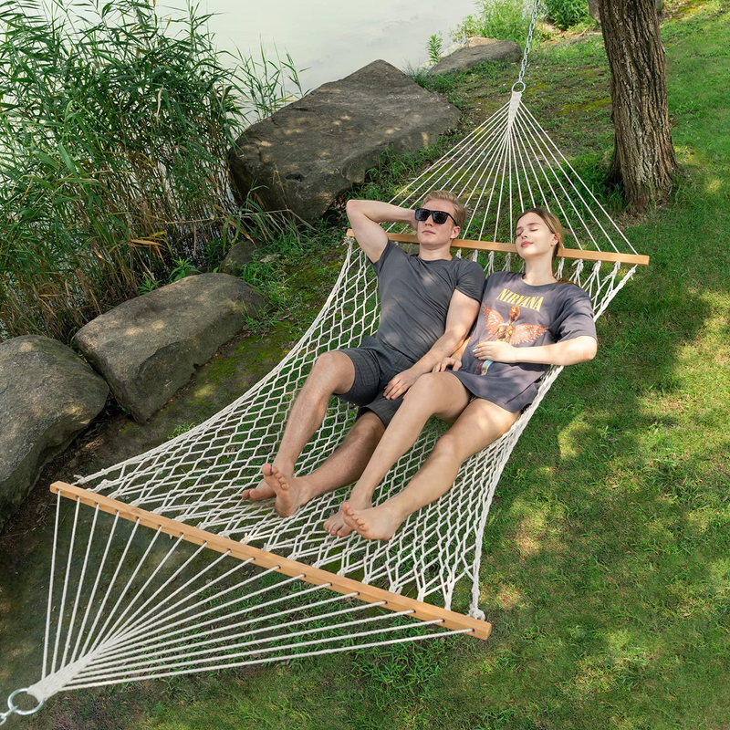 Gafete Rope Hammocks for Outside Large Double with Spreader Bar Traditional Hand Woven Cotton Hammock with Chains, Tree Hooks, for 2 Person Piato Outdoor 450 LBS Weight Capacity ( Natural )