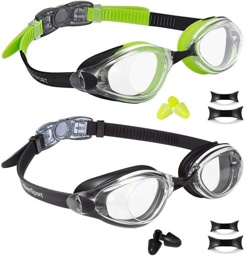 EverSport Swim Goggles Pack of 2 Swimming Goggles Anti Fog for Adult Men Women Youth Kids Sporting Goods > Outdoor Recreation > Boating & Water Sports > Swimming > Swim Goggles & Masks EverSport Green/Black With Clear Lens & Black  