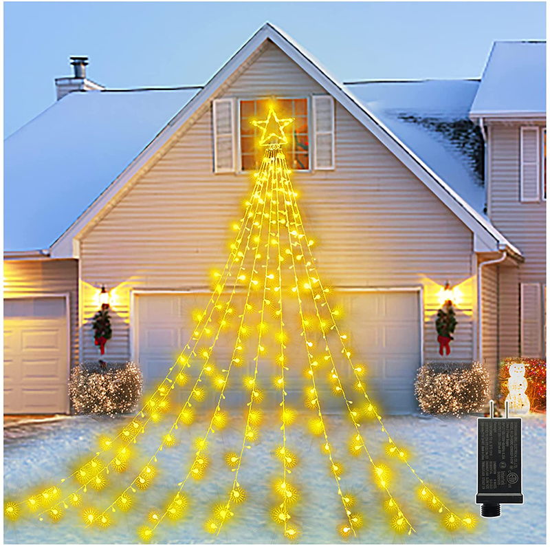 Outdoor Christmas Decorations Star Light,16.4 ft 344 LED Waterfall Tree Lights with Topper Star String Lights Plug in ,8 Lighting Mode Christmas Star Lights for Party Home Holiday Decor(Warm White) Home & Garden > Decor > Seasonal & Holiday Decorations& Garden > Decor > Seasonal & Holiday Decorations Linhai Baoguang Lighting Co., Ltd Warm White  
