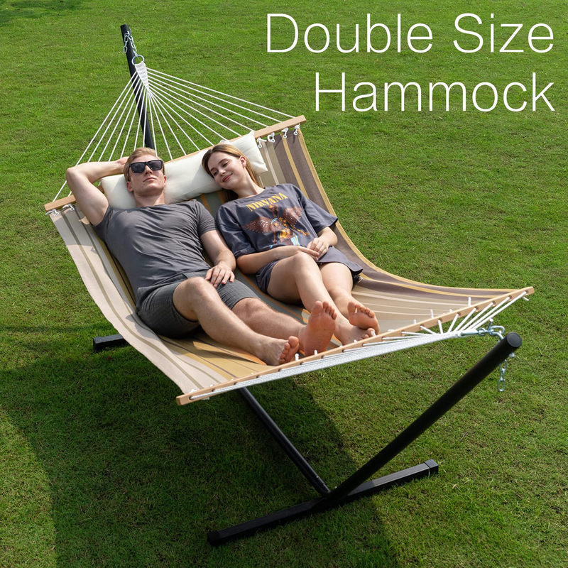 Gafete Waterproof 2 Person Hammock with Stand Included Heavy Duty Textilene Double Hammock with Pillow for Outdoor, Max 475lbs Capacity, Quick Dry (Coffee)