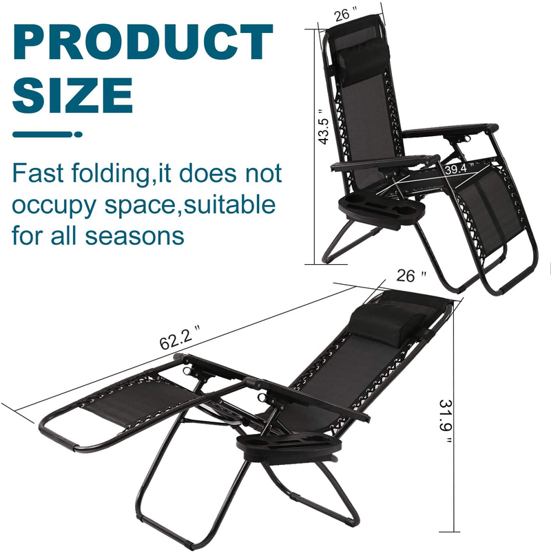 HCY Zero Gravity Chairs Outdoor Adjustable Recliner Chair Folding Lounge Patio Chairs with Cup Holder Pillows Set of 2 for Beach, Yard, Lawn, Camp（Black） Sporting Goods > Outdoor Recreation > Camping & Hiking > Camp Furniture HCY   