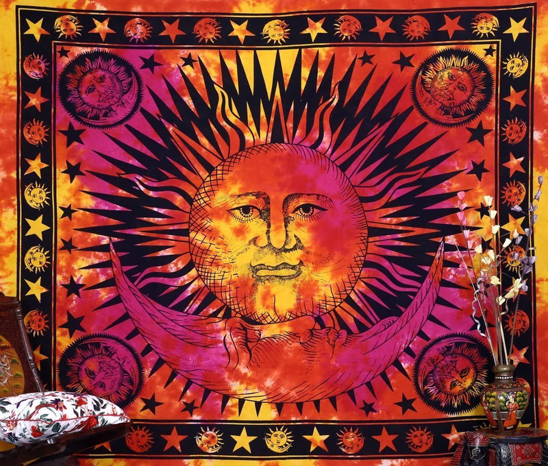 Hippie Mandala Sun and Moon Maditation Tapestry Wall Hanging - Psychedelic Celestial Indian Gypsy Hippy Bohemian Popular Mystic Tie dye Beach Blanket Multicolor Home & Garden > Decor > Artwork > Decorative Tapestries Popular Handicrafts Multicolor