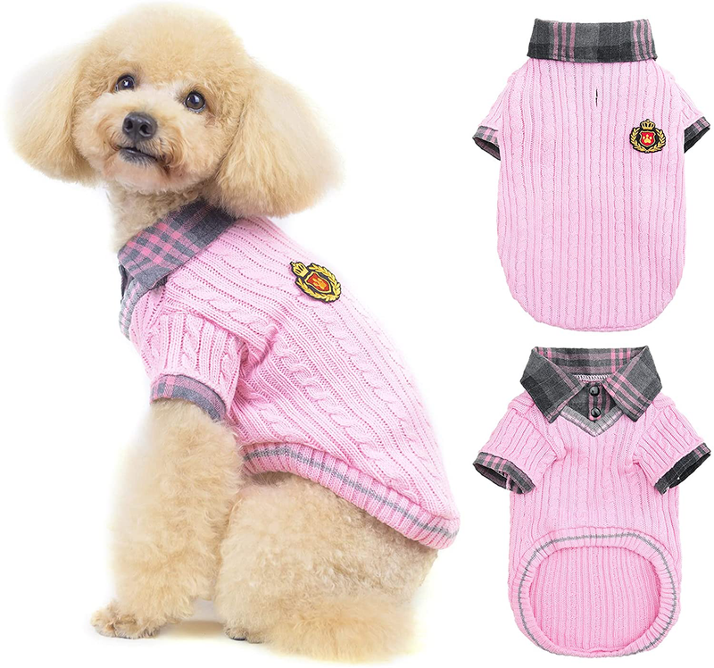 PUPTECK Soft Warm Dog Sweater Cute Knitted Dog Winter Clothes Classic Plaid British Style Dog Coats for Small Medium Dogs Animals & Pet Supplies > Pet Supplies > Dog Supplies > Dog Apparel PUPTECK Pink SM: chest girth: 19", back length: 14" 