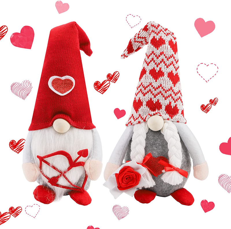 Elsjoy 2 Pack Valentine Gnomes Cupid Heart Arrow Plush Doll, Mr & Mrs Couple Gnomes Handmade Tomte Elf Nordic Scandinavian Gnomes, Glitter Valentine'S Day Decoration Gift for Home Table Ornaments