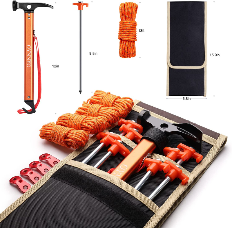 OYNNYO Camping Accessories Kit, 8Pcs 10In Heavy Duty Tent Stakes + 12In Heavy Duty Camping Hammer(Orange) + 4 Pack 9.8Ft Tent Rope with Aluminum Cord Adjuster + Storage Bag Sporting Goods > Outdoor Recreation > Camping & Hiking > Tent Accessories OYNNYO   