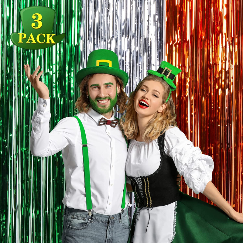 Lolstar 3 Pack St. Patrick'S Day Foil Fringe Curtains St Patricks Day Party Decoration 3.3X8.2 Ft Green White Orange Tinsel Fringe Curtain Photo Booth Prop Streamer Backdrop for Irish Party Decoration