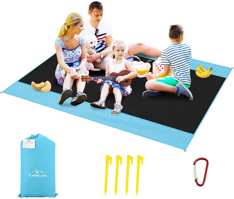 Likorlove Outdoor Picnic Waterproof Blanket 80"x60" / 94"x79", Compact Lightweight Foldable Sand Proof Pocket Mat for Beach/Hiking/Travel/Camping/Festival/Sporting Events with Bag Loops Stakes Home & Garden > Lawn & Garden > Outdoor Living > Outdoor Blankets > Picnic Blankets Likorlove Black & Blue X-Large（94"x79") 