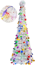 FUNPENY 5 FT Pop up Christmas Tree with 50 LED String Lights, Lighted Artificial Tinsel Xmas Tree with Timer, Battery Operated Prelit Pencil Tree for Indoor Home Party Decoration, White & Red Home & Garden > Decor > Seasonal & Holiday Decorations& Garden > Decor > Seasonal & Holiday Decorations FUNPENY White and Multicolor  