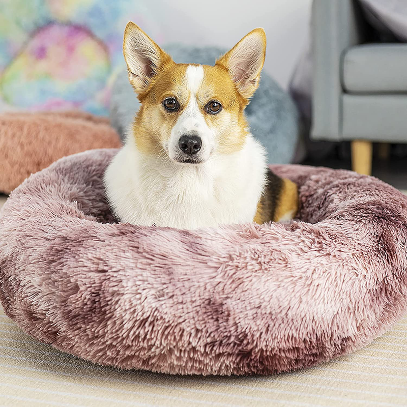 Raimaiso anti Anxiety round Fluffy Plush Faux Fur Warm Washable Dog Bed & Cat Bed, Original Bed for Small Medium Large Pets,Used to Relieve Joints and Improve Sleep（20"/24"/27''） Animals & Pet Supplies > Pet Supplies > Cat Supplies > Cat Beds Raimaiso Tie-Dye/pink 20" 
