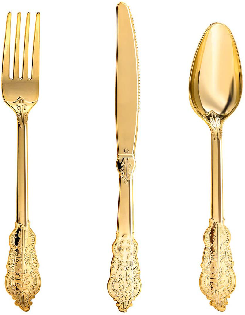N9R 300pcs Gold Plastic Silverware Dinnerware Flatware- Heavyweight Gold Plastic Cutlery Set, 100 Gold Forks, 100 Gold Spoons, 100 Gold Knives, Gold Utensils for Party, Dinner Decor Home & Garden > Kitchen & Dining > Tableware > Flatware > Flatware Sets N9R Default Title  
