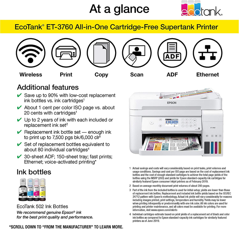 Epson EcoTank ET-3760 Wireless Color All-in-One Cartridge-Free Supertank Printer with Scanner, Copier and Ethernet, Regular