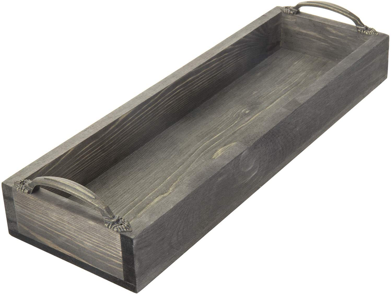MyGift Vintage Gray Wood Rectangular Party Serving Tray/Decorative Ottoman Tray with Antique Metal Side Handles