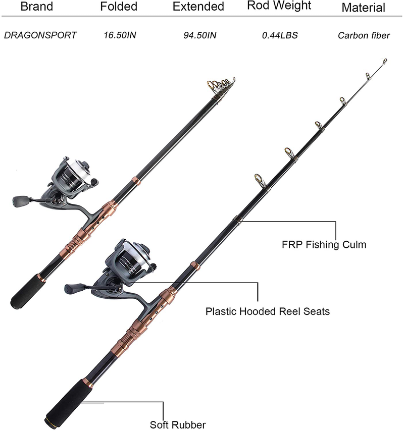 Telescopic Fishing Rod and Reel Combos Full Kit Fishing Accessories with Spinning Reel, Line, Lure, Hooks and Bag, Fishing Gear Set for Beginners Adults Freshwater Saltwater Sporting Goods > Outdoor Recreation > Fishing > Fishing Rods DRAGON SPORT   