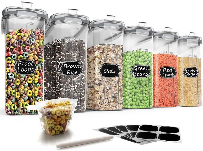 Large Cereal & Dry Food Storage Containers, Wildone Airtight Cereal Storage Containers for Sugar, Flour, Snack, Baking Supplies, Leak-Proof with Black Locking Lids - Set of 6 (4L /135.3Oz) Home & Garden > Kitchen & Dining > Food Storage Wildone Gray  