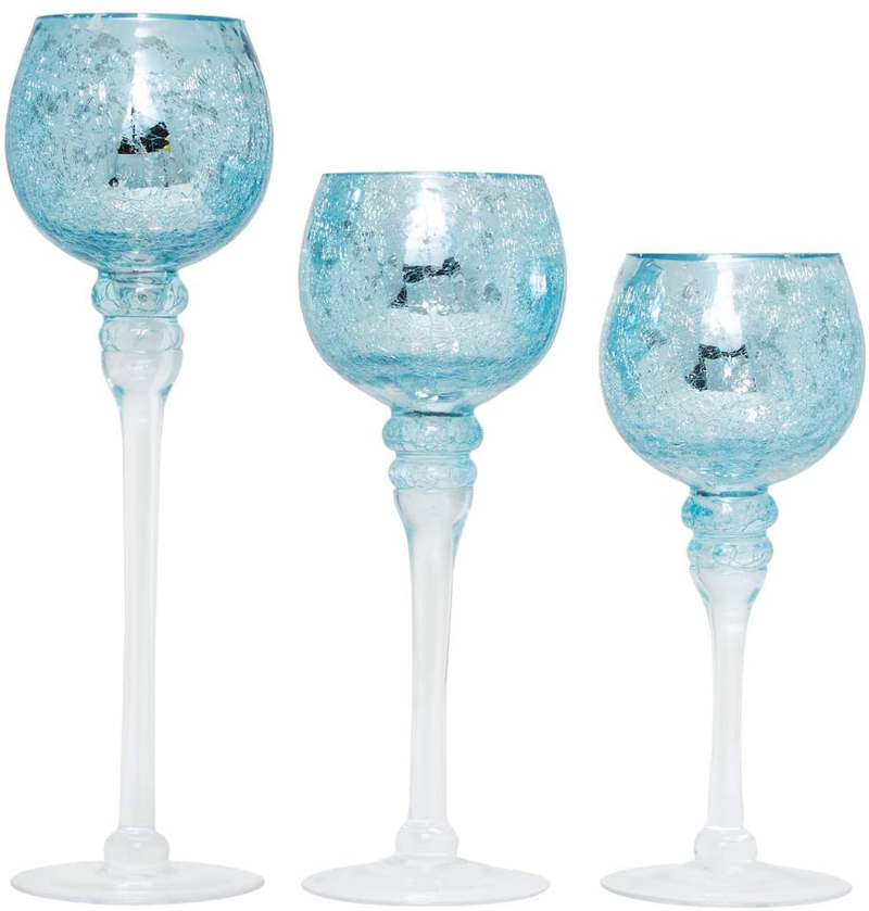 Hosley Set of 3 Crackle Glass Tealight Holders - Your Choice of Colors - 12 Inch, 10 Inch, 9 Inch (4-Metallic) Home & Garden > Decor > Home Fragrance Accessories > Candle Holders Hosley 7-blue  