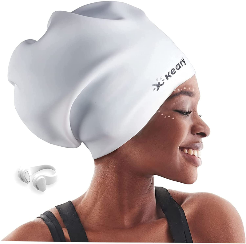 Keary Extra Large Swim Cap for Braids and Dreadlocks Extensions Weaves Long Hair, Waterproof Silicone Cover Ear Bath Pool Shower Swimming Cap for Adult Youth to Keep Hair Dry, Easy to Put On and Off Sporting Goods > Outdoor Recreation > Boating & Water Sports > Swimming > Swim Caps Keary White  