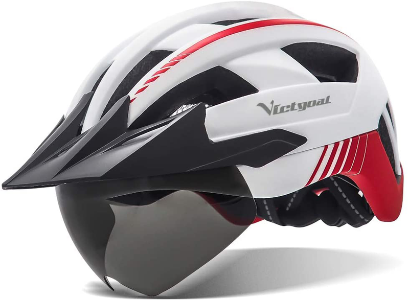 VICTGOAL Bike Helmet with USB Rechargeable Rear Light Detachable Magnetic Goggles Removable Sun Visor Mountain & Road Bicycle Helmets for Men Women Adult Cycling Helmets Sporting Goods > Outdoor Recreation > Cycling > Cycling Apparel & Accessories > Bicycle Helmets VICTGOAL White  