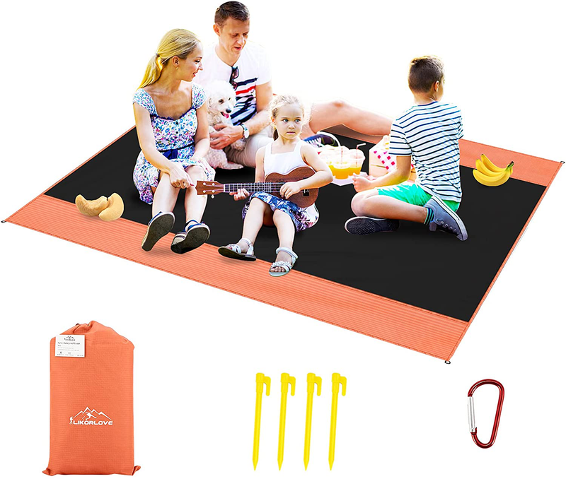 Likorlove Outdoor Picnic Waterproof Blanket 80"x60" / 94"x79", Compact Lightweight Foldable Sand Proof Pocket Mat for Beach/Hiking/Travel/Camping/Festival/Sporting Events with Bag Loops Stakes Home & Garden > Lawn & Garden > Outdoor Living > Outdoor Blankets > Picnic Blankets Likorlove Black & Orange X-Large（94"x79") 