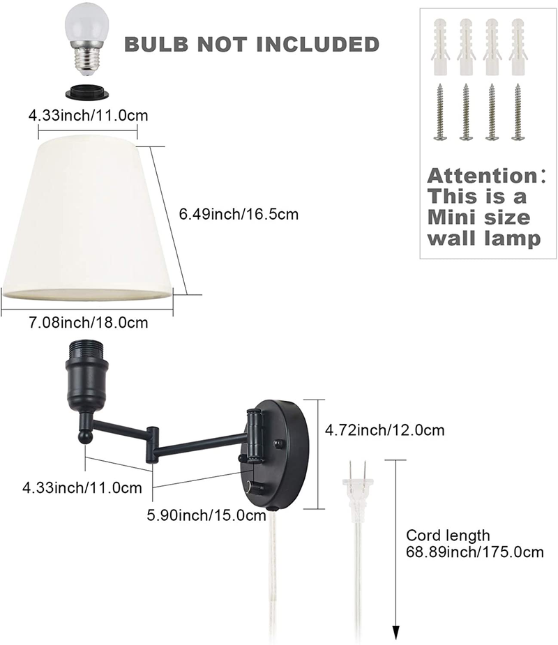 Swing Arm Wall Lamp Plug in Wall Mount Opaque Ivory Linen Shade 40W 2-Way Cord Covers(1 Light) Home & Garden > Lighting > Lighting Fixtures > Wall Light Fixtures KOL DEALS   
