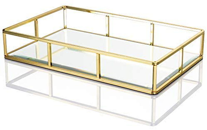 Display4top Tray Mirror,Decorative Countertop Organizer,Vintage Gold Mirrored Glass Metal Tray Ornate Tray Jewelry Perfume Organizer Makeup Tray for Vanity,Dresser,Bathroom,Bedroom(12"x7.4"x2") Home & Garden > Decor > Decorative Trays display4top Default Title  