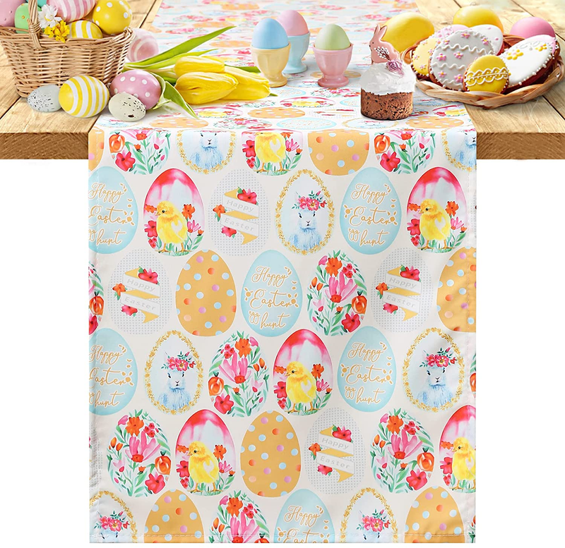 Easter Table Runner Easter Decor 13X84 Inch Colorful Eggs Table Runner Spring Party Holiday Table Decorations Polyester Stain Resistant Rectangle Table Runner