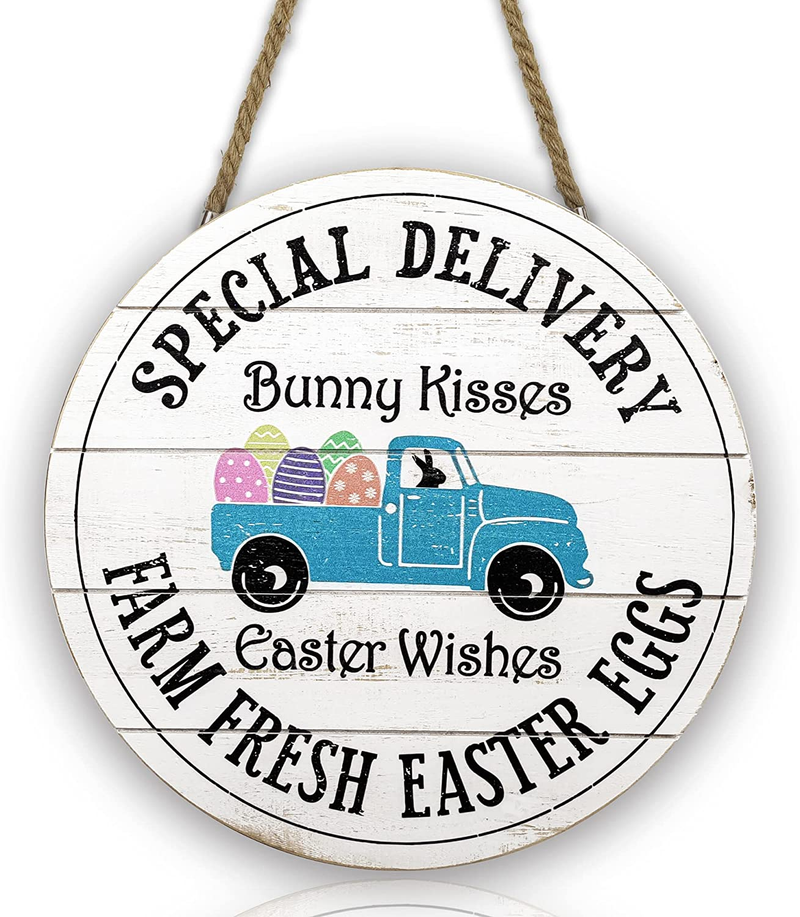 CYPREWOOD Easter Eggs and Blue Truck Wooden Front Door Sign, 16" Farmhouse Wood Easter Hanging Decorations, Rustic Home Decor for Front Door, Wreaths, Porch