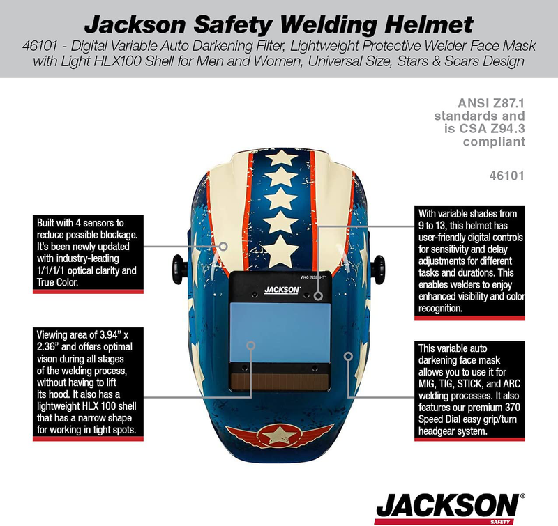 Jackson Safety Welding Helmet, 46101 - Digital Variable Auto Darkening Filter, Lightweight Protective Welder Face Mask with Light HLX100 Shell for Men and Women, Universal Size, Stars & Scars Design