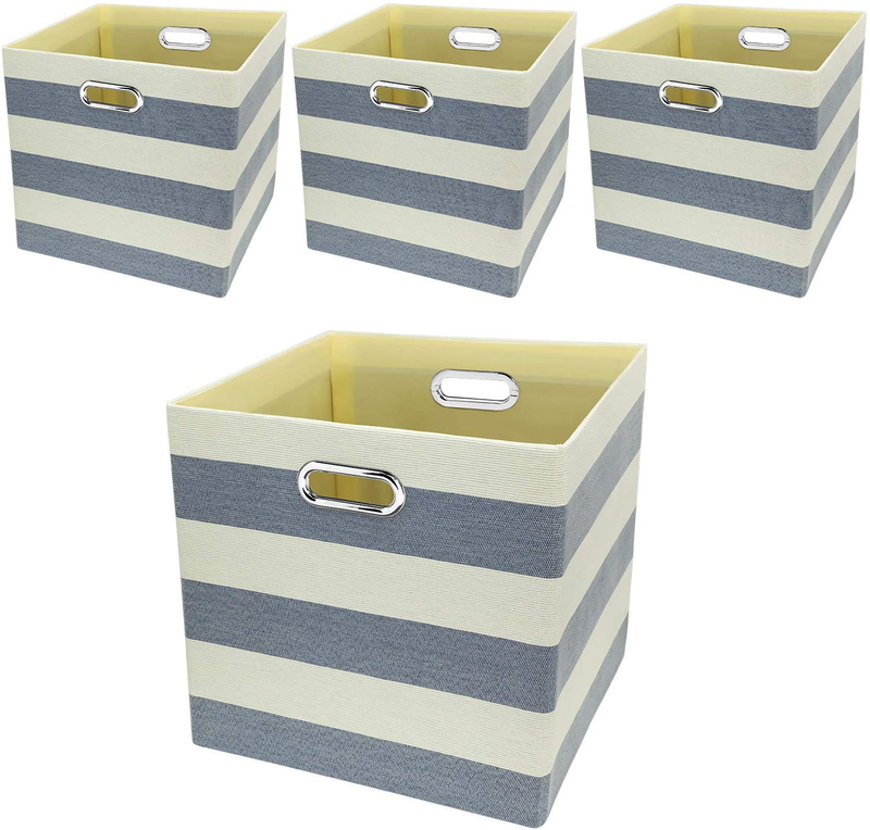Storage Bins Storage Cubes, 13×13 Fabric Storage Boxes Foldable Baskets Containers Drawers for Nurseries,Offices,Closets,Home Décor ,Set of 4 ,Grey-white Striped Home & Garden > Decor > Seasonal & Holiday Decorations Posprica Navy-white Striped 13×13×13/4pcs 