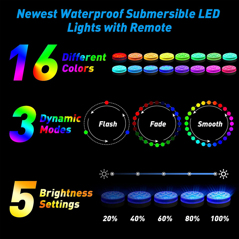 Pecsosso Submersible LED Pool Light,Upgraded IP68 Waterproof Pool Light Underwater with Remote RF, 4 Magnets,4 Suction Cups,13 Extra Bright LEDs, 16 RGB Dynamic Color (4 PCS) Home & Garden > Pool & Spa > Pool & Spa Accessories Pecosso   