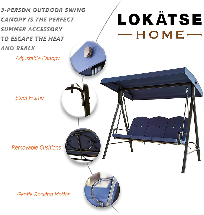 LOKATSE HOME 3-Seats Patio Swing with Adjustable Canopy Weather Resistant Steel Frame Outdoor Porch Converting Deck Furniture, Blue Home & Garden > Lawn & Garden > Outdoor Living > Porch Swings LOKATSE HOME   