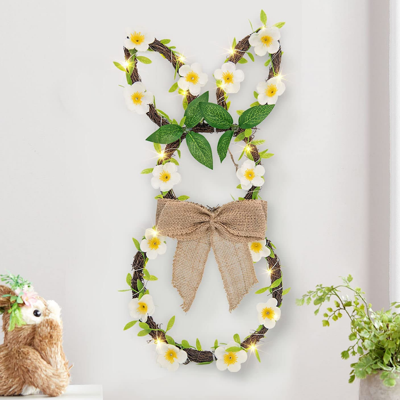 Easter Wreath, Vanthylit 25LT Rattan Bunny Wreath Lights with Linen Bow and Flower Vines Battery Operated Spring Easter Decorations for Front Door Window Wall Home Party Home & Garden > Decor > Seasonal & Holiday Decorations Vanthylit 25LED  