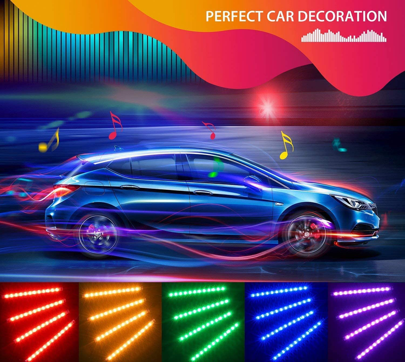MINGER Unifilar Car LED Strip Light, 4pcs 48 LED APP Controller Car Interior Lights, Waterproof Multicolor Music Under Dash Lighting Kits for iPhone Android Smart Phone, Car Charger Included, DC 12V Vehicles & Parts > Vehicle Parts & Accessories > Motor Vehicle Parts > Motor Vehicle Lighting MINGER   