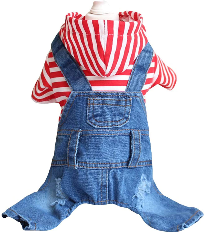 DOGGYZSTYLE Pet Dog Cat Hoodies Clothes Striped Pajamas Denim Outfits Blue Jeans Jumpsuits One-Piece Jacket Costumes Apparel Hooded Coats for Small Puppy Medium Dogs Animals & Pet Supplies > Pet Supplies > Cat Supplies > Cat Apparel DOGGYZSTYLE   