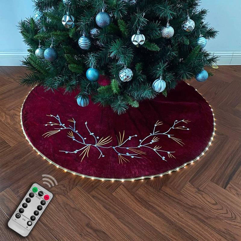 Halo Christmas Tree Skirt 50" with Programmable LED Lights - Wine Red Velvet Quilted Holly Flowers Embroidery Home & Garden > Decor > Seasonal & Holiday Decorations > Christmas Tree Skirts Halo Christmas tree skirt Default Title  