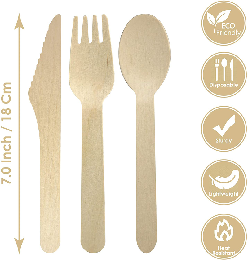 Eco-Friendly 200 Piece Disposable Wooden Cutlery. Biodegradable + Compostable. 100 Forks + 50 Knives + 50 Spoons