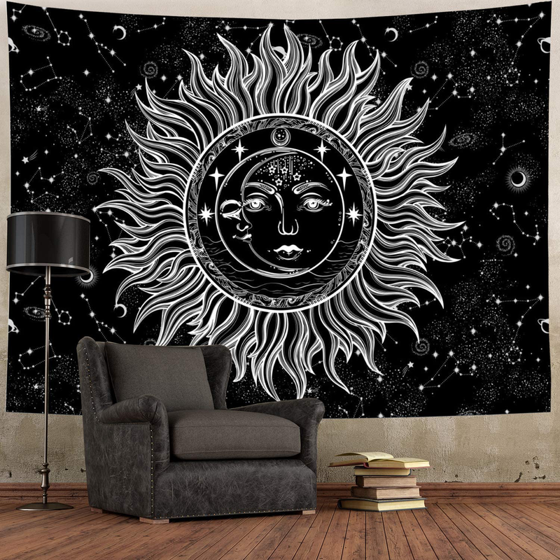 Sun and Moon Tapestry Psychedelic Burning Sun with Stars Wall Tapestry Black and White Celestial Tapestry Mystic Fractal Faces Tapestry Wall Hanging for Bedroom(Medium,Sun Moon)