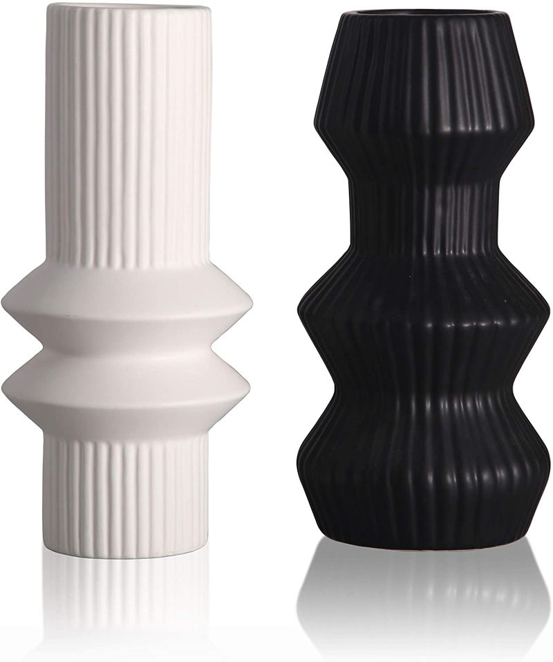 TERESA'S COLLECTIONS Ceramic Modern Vase for Home Decor, Black and White Cylinder Geometric Decorative Vases for Living Room, Mantel, Table, Shelf, Office Decoration, 8 inch, Set of 2 Home & Garden > Decor > Vases TERESA'S COLLECTIONS Default Title  