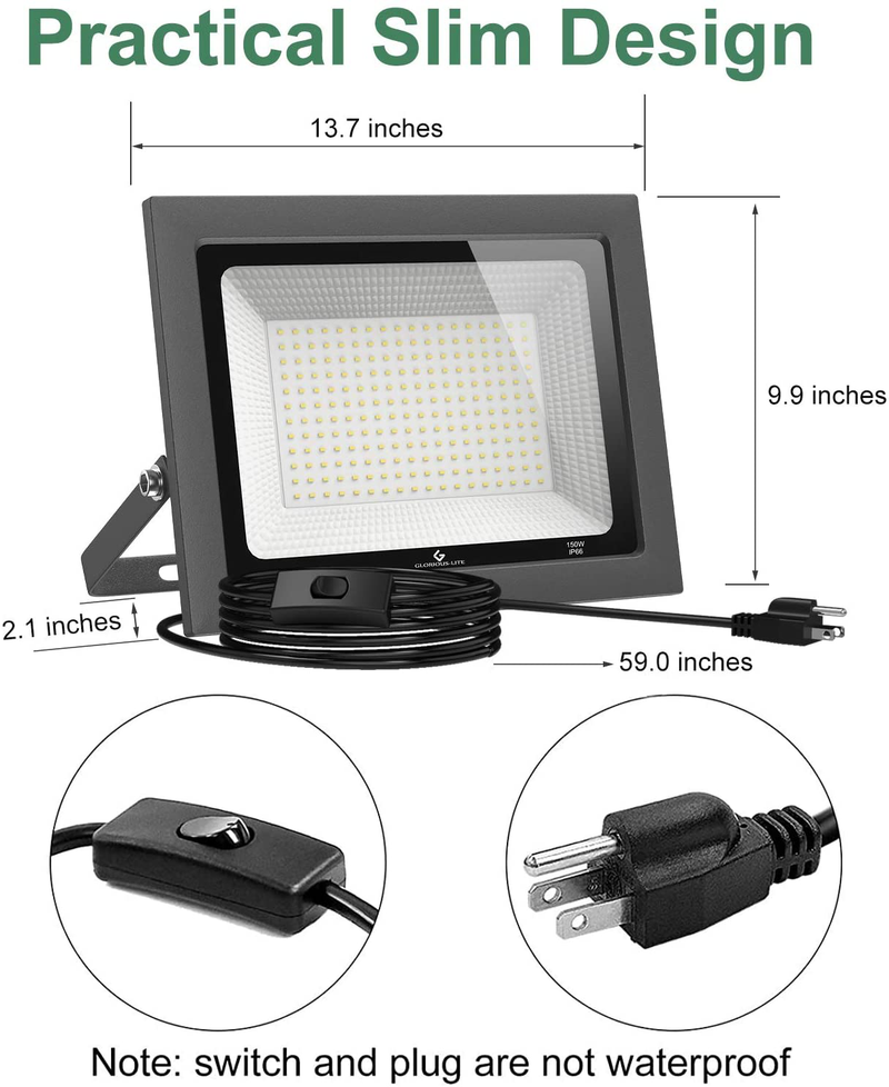 GLORIOUS-LITE 2 Pack 100W LED Flood Light Outdoor, 10000LM LED Work Light with Plug, 5000K Daylight White, IP66 Waterproof Outdoor Floodlights for Yard, Garden, Playground