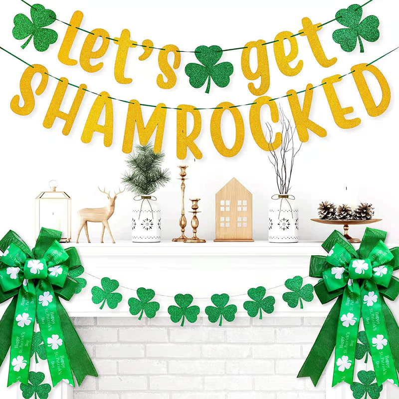 St Patricks Day Wreath Bow Shamrock Decoration - Large Green Glitter Clovers Shamrock Bows Irish Ornaments Hanging Wreath Bow Front Door Home Wall Window Outdoor Porch Decor (St Patrick Day) Arts & Entertainment > Party & Celebration > Party Supplies SPGroup   