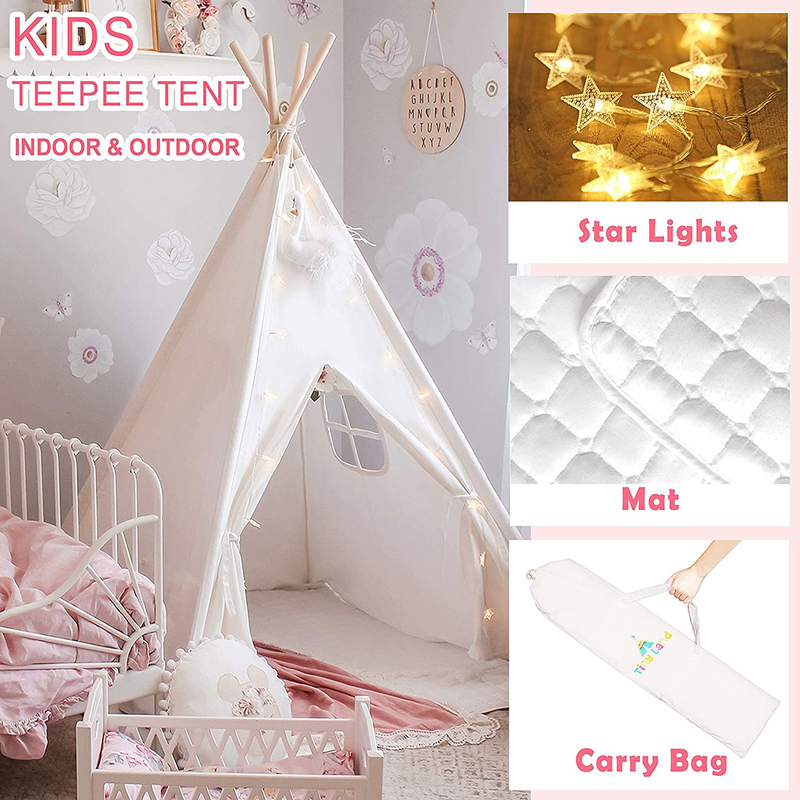 Tiny Land Kids Teepee Tent-Toys for 3,4,5,6 Year Old Girls-Kids Foldable Play Tent with Mat & Light String & Carry Case, White Canvas Teepee Indoor Outdoor Games-Kids Playhouse-Kids Tent Sporting Goods > Outdoor Recreation > Camping & Hiking > Tent Accessories Tiny Land   