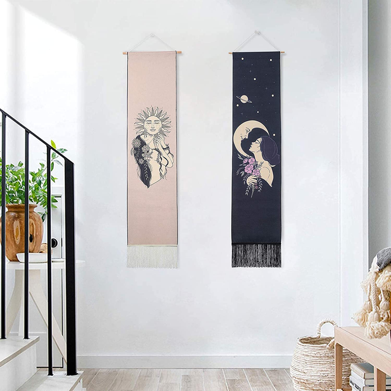 Sun and Moon Tapestry Wall Hanging ,Aesthetic Mysterious Art Moon Long Bohemian Tapestries for Living Room/Bedroom