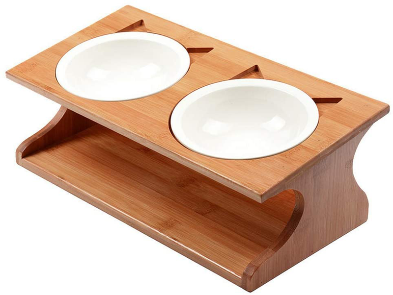 Smith Chu Premium Elevated Pet Bowls, Raised Dog Cat Feeder Solid Bamboo Stand with Ceramic Food Feeding Bowl - Cute Kitty Bowl for Cats and Puppy Animals & Pet Supplies > Pet Supplies > Cat Supplies Smith Chu Double Bowl  