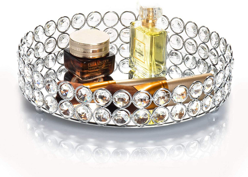 Feyarl Crystal Cosmetic Makeup Tray Jewelry Trinket Tray Organizer Vanity Tray Mirrored Decorative Tray Home Deco Dresser Perfume Skin Care Tray for Christmas Brithday Gift(Round 10" inch) (Silver) Home & Garden > Decor > Decorative Trays Feyarl Silver  