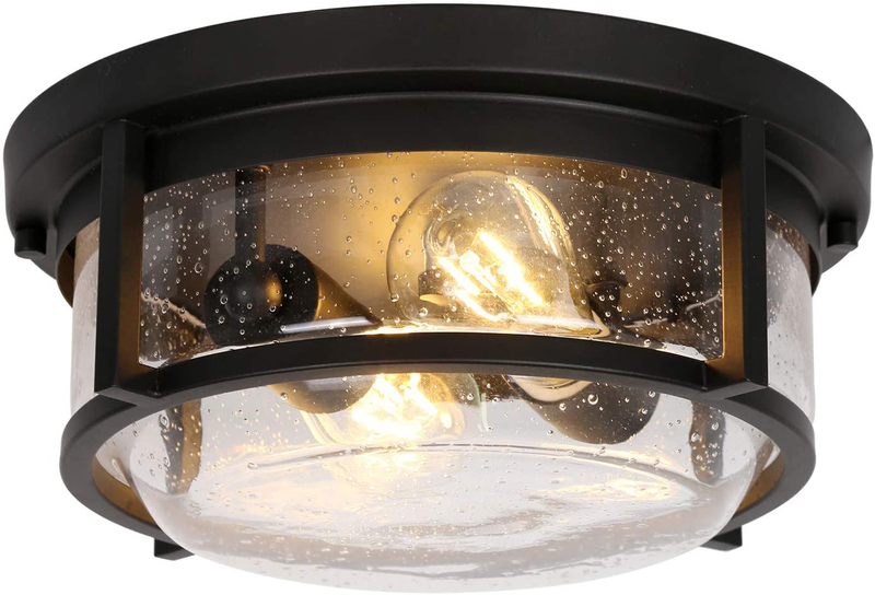 Hykolity 2-Light Outdoor Indoor Ceiling Light, Flush Mount Bathroom Ceiling Light Fixtures, Black Finish W/ Seeded Glass Shade for Porch, Entryway, Bedroom, ETL Listed (Bulb Not Included)