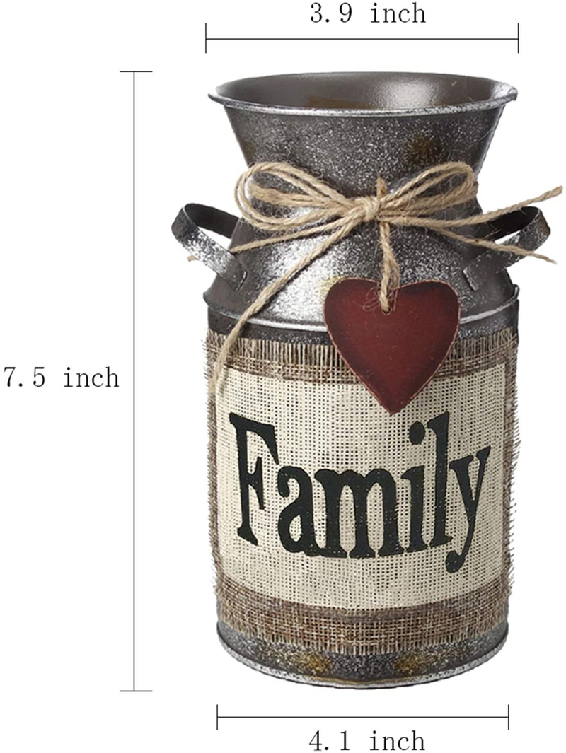 HIDERLYS 7.5" High Rustic Decorative Vase with Greetings and Rope Design, Metal Milk Can Country Jug for Living Room, Bedroom, Kitchen(Family) Home & Garden > Decor > Vases HIDERLYS   