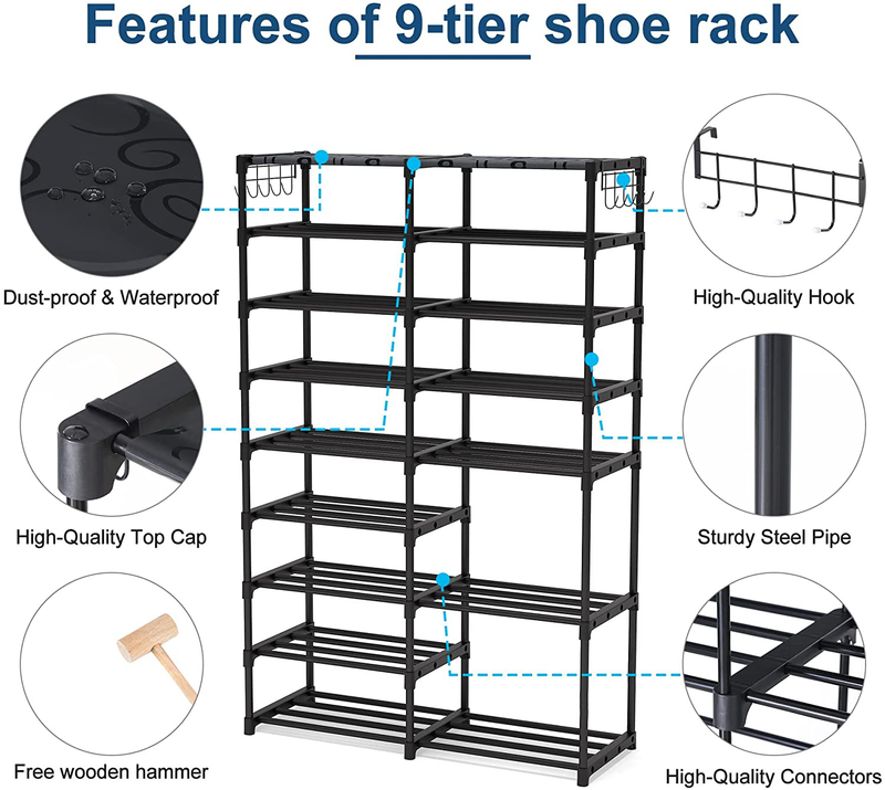 Shoe Rack Organizer,32-40 Pairs Shoe Storage Shelf,9 Tiers Shoe Stand,Shoerack for Closet,Boot Organizer with 2 Hooks,Stackable Shoe Tower Furniture > Cabinets & Storage > Armoires & Wardrobes Tribesigns   